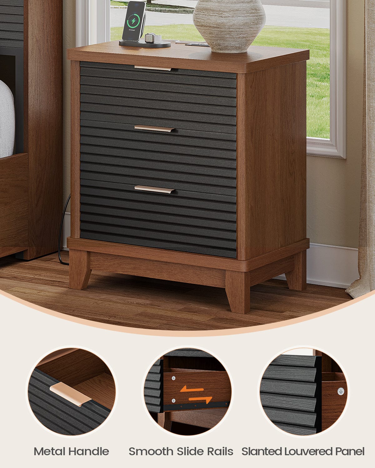 AOGLLATI Nightstands Black / Engineered Wood / Mid-Century Modern Slanted Louvered Design Nightstand
