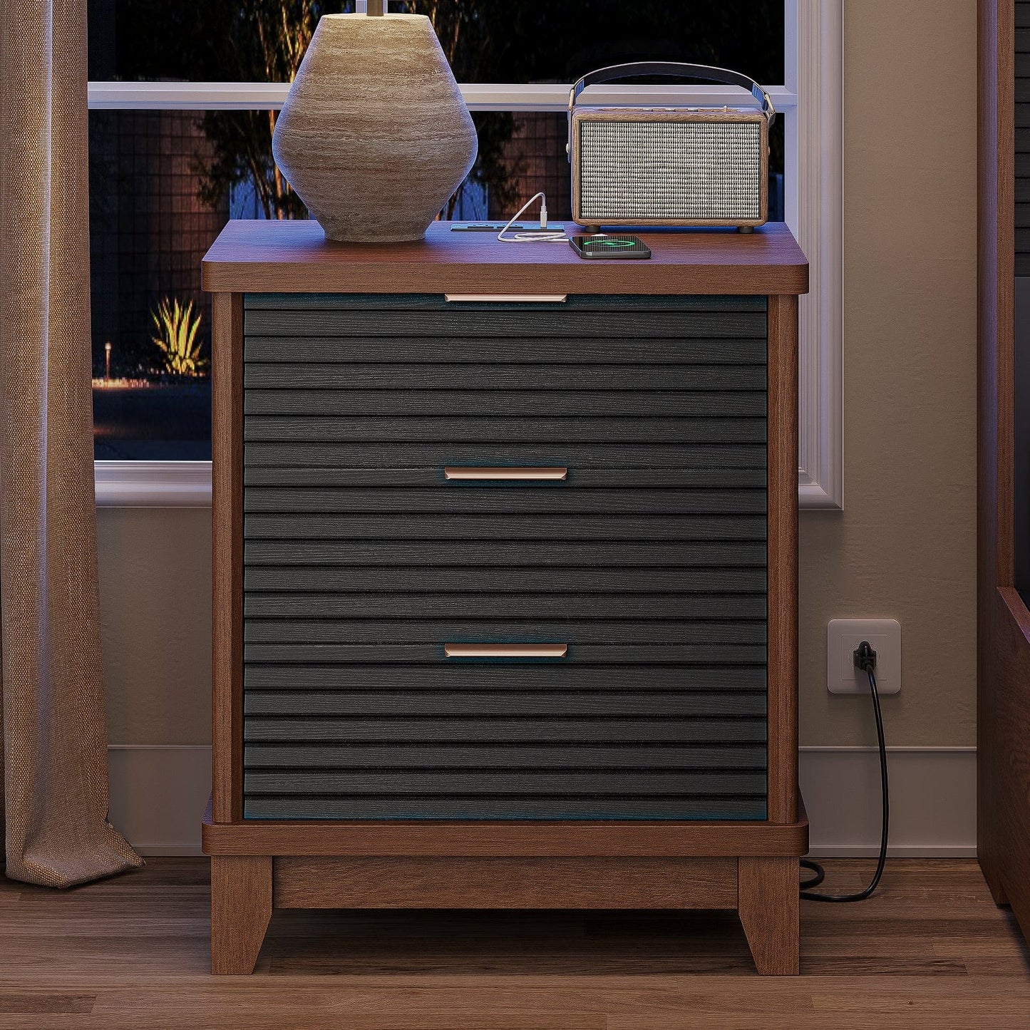 AOGLLATI Nightstands Black / Engineered Wood / Mid-Century Modern Slanted Louvered Design Nightstand