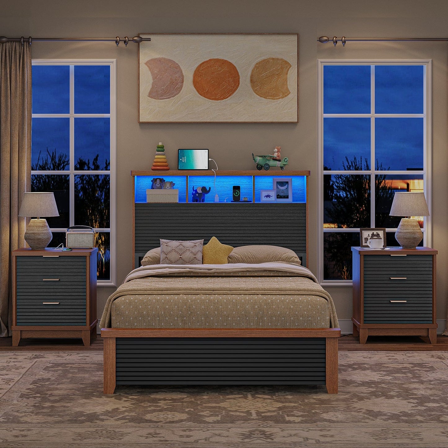 AOGLLATI Nightstands Black / Engineered Wood / Mid-Century Modern Slanted Louvered Design Nightstand