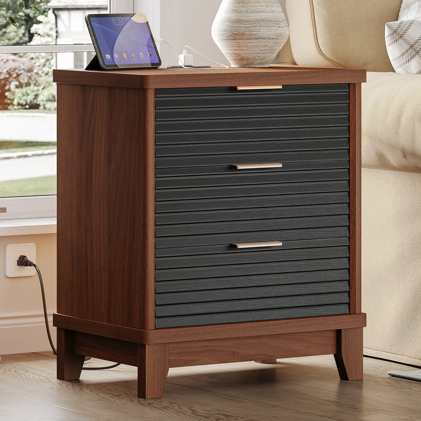 AOGLLATI Nightstands Black / Engineered Wood / Mid-Century Modern Slanted Louvered Design Nightstand