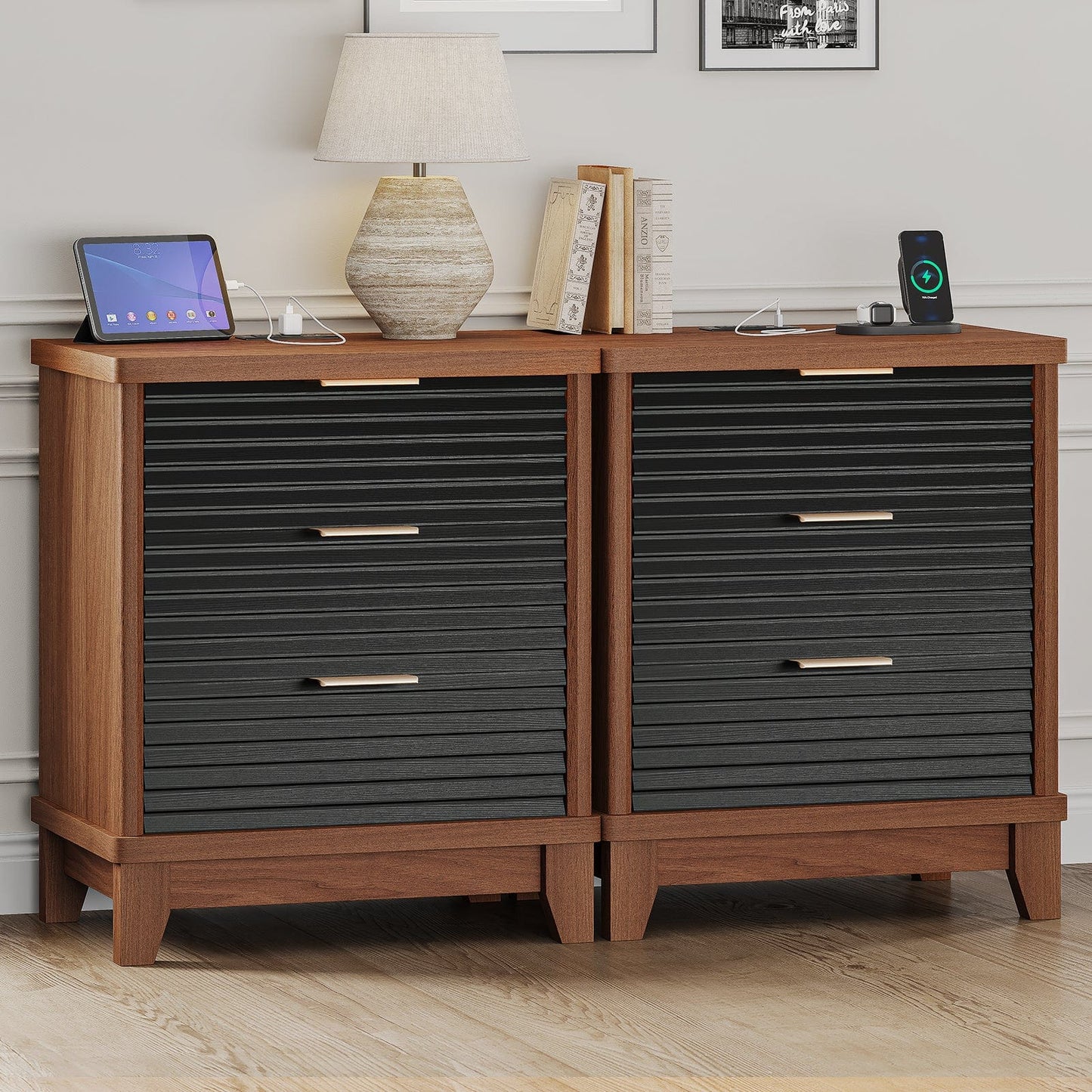 AOGLLATI Nightstands Black / Engineered Wood / Mid-Century Modern Slanted Louvered Design Nightstand