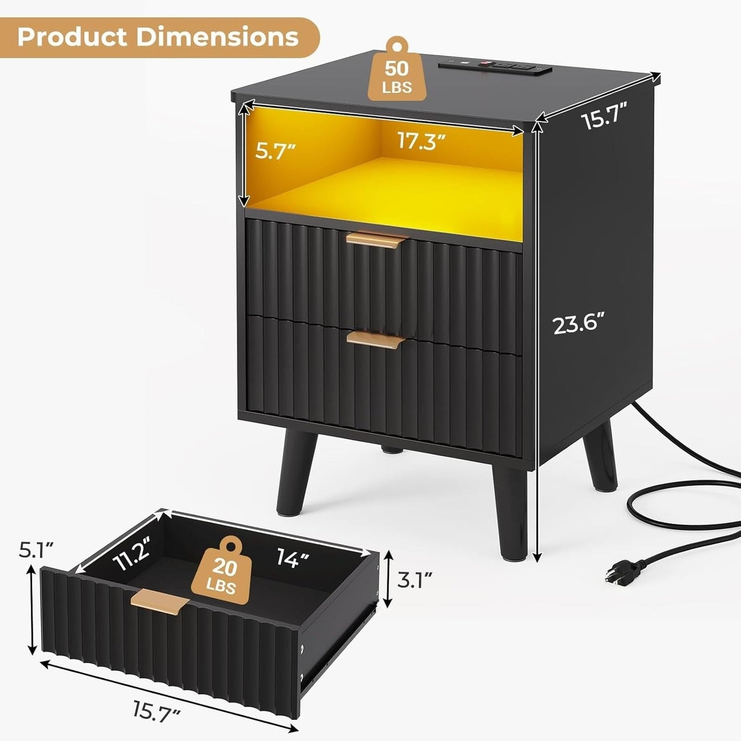 AOGLLATI Nightstands Black / Engineered Wood / Modern AOGLLATI Fluted Nightstand with Charging Station and LED Lights, Black