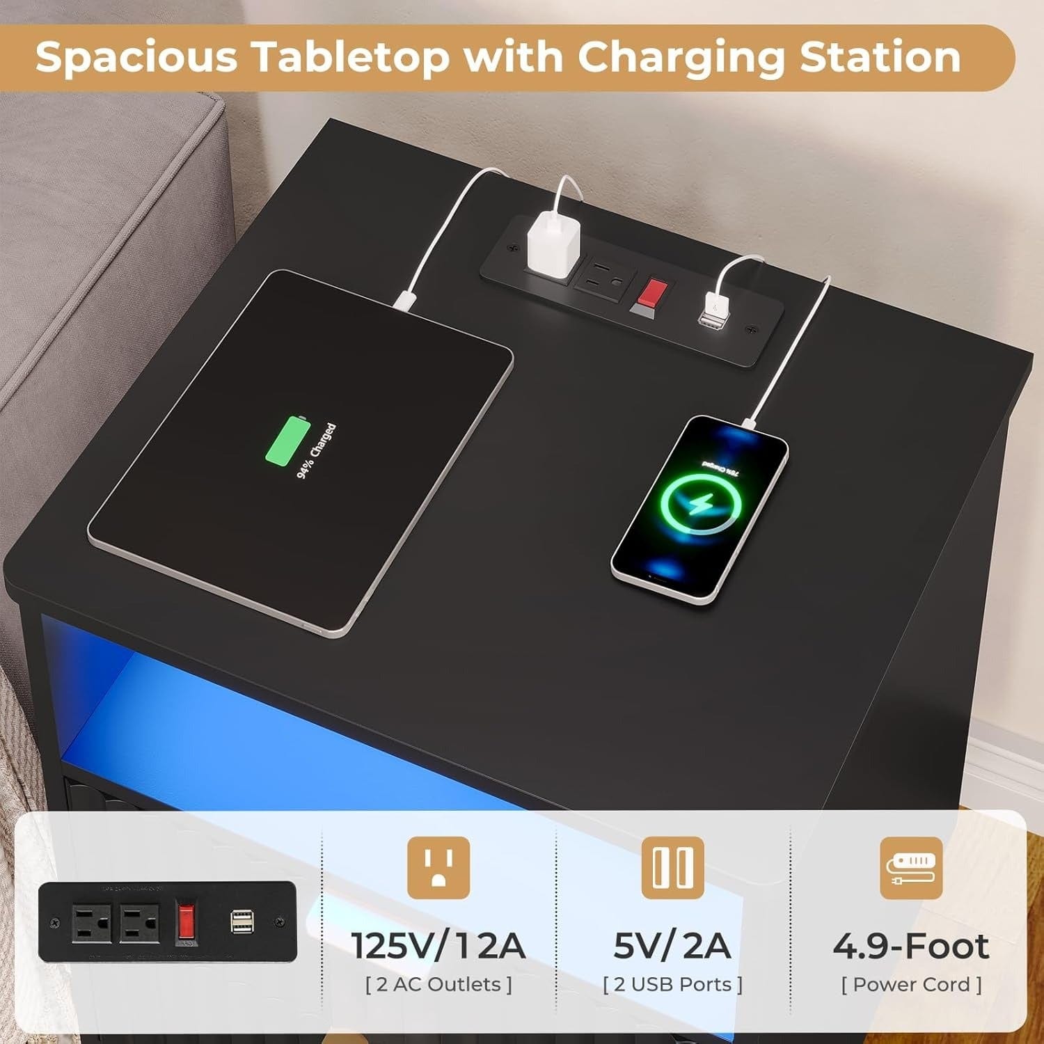 AOGLLATI Nightstands Black / Engineered Wood / Modern AOGLLATI Fluted Nightstand with Charging Station and LED Lights, Black