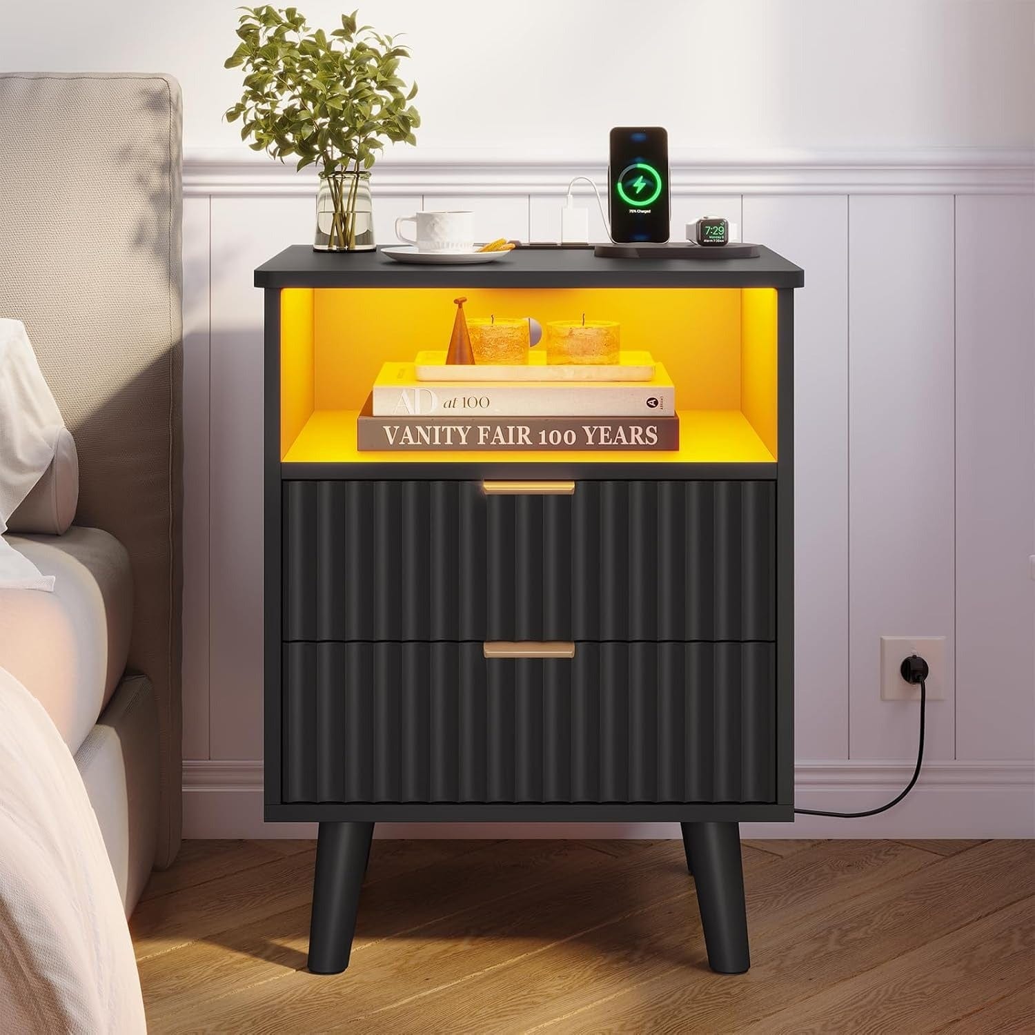 AOGLLATI Nightstands Black / Engineered Wood / Modern AOGLLATI Fluted Nightstand with Charging Station and LED Lights, Black