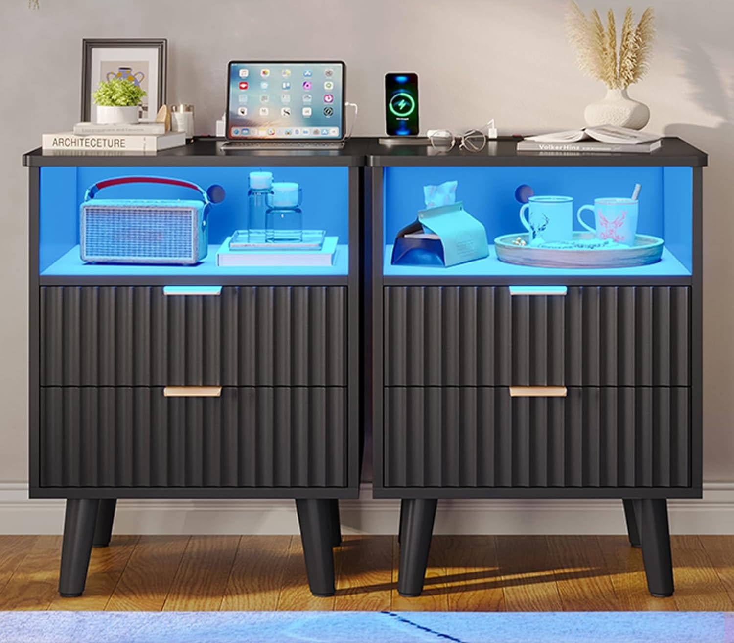 AOGLLATI Nightstands Black / Engineered Wood / Modern AOGLLATI Fluted Nightstand with Charging Station and LED Lights, Black