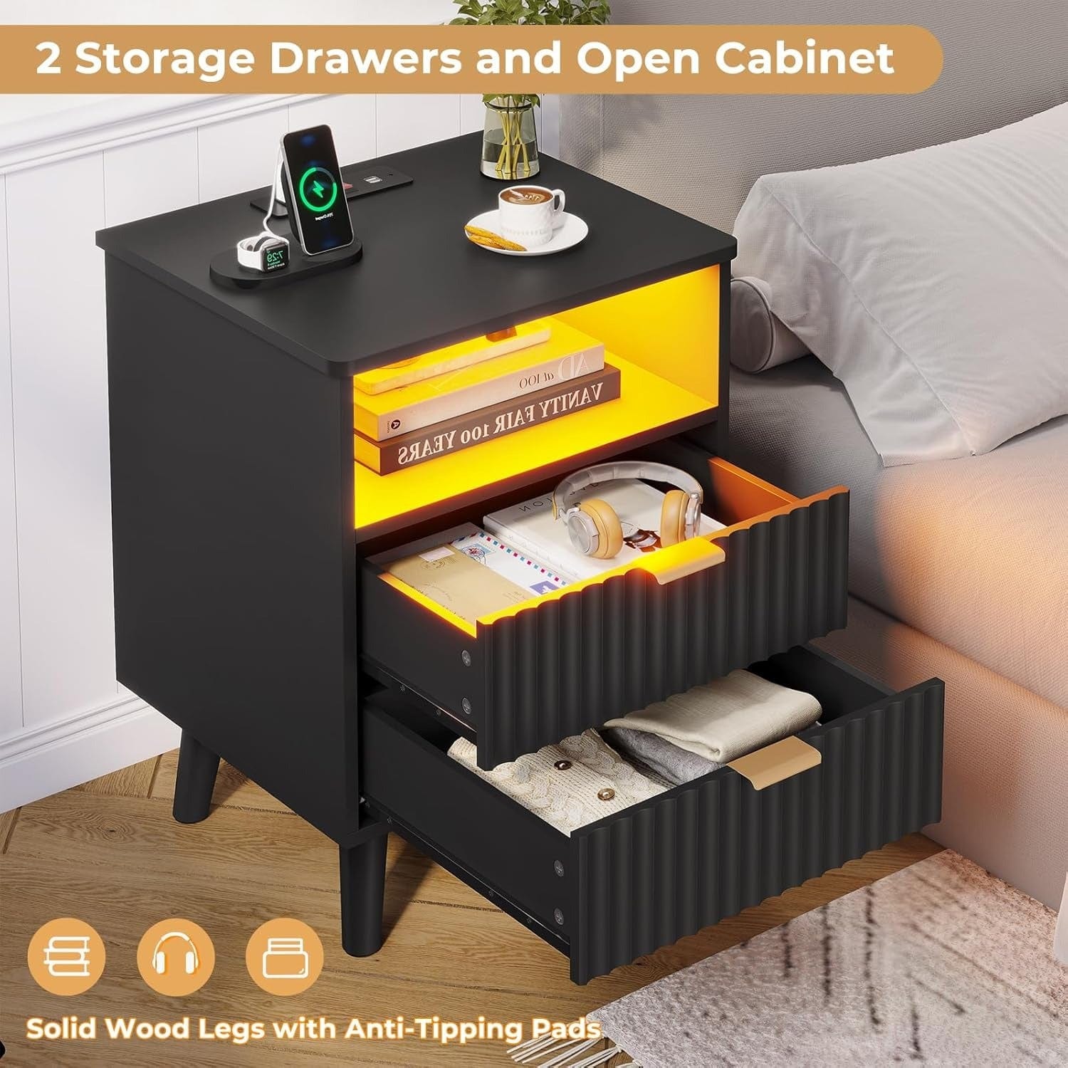 AOGLLATI Nightstands Black / Engineered Wood / Modern AOGLLATI Fluted Nightstand with Charging Station and LED Lights, Black