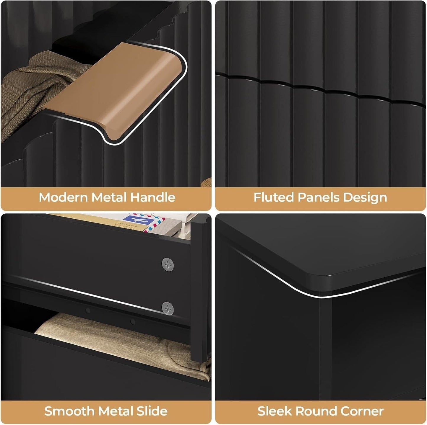 AOGLLATI Nightstands Black / Engineered Wood / Modern AOGLLATI Fluted Nightstand with Charging Station and LED Lights, Black