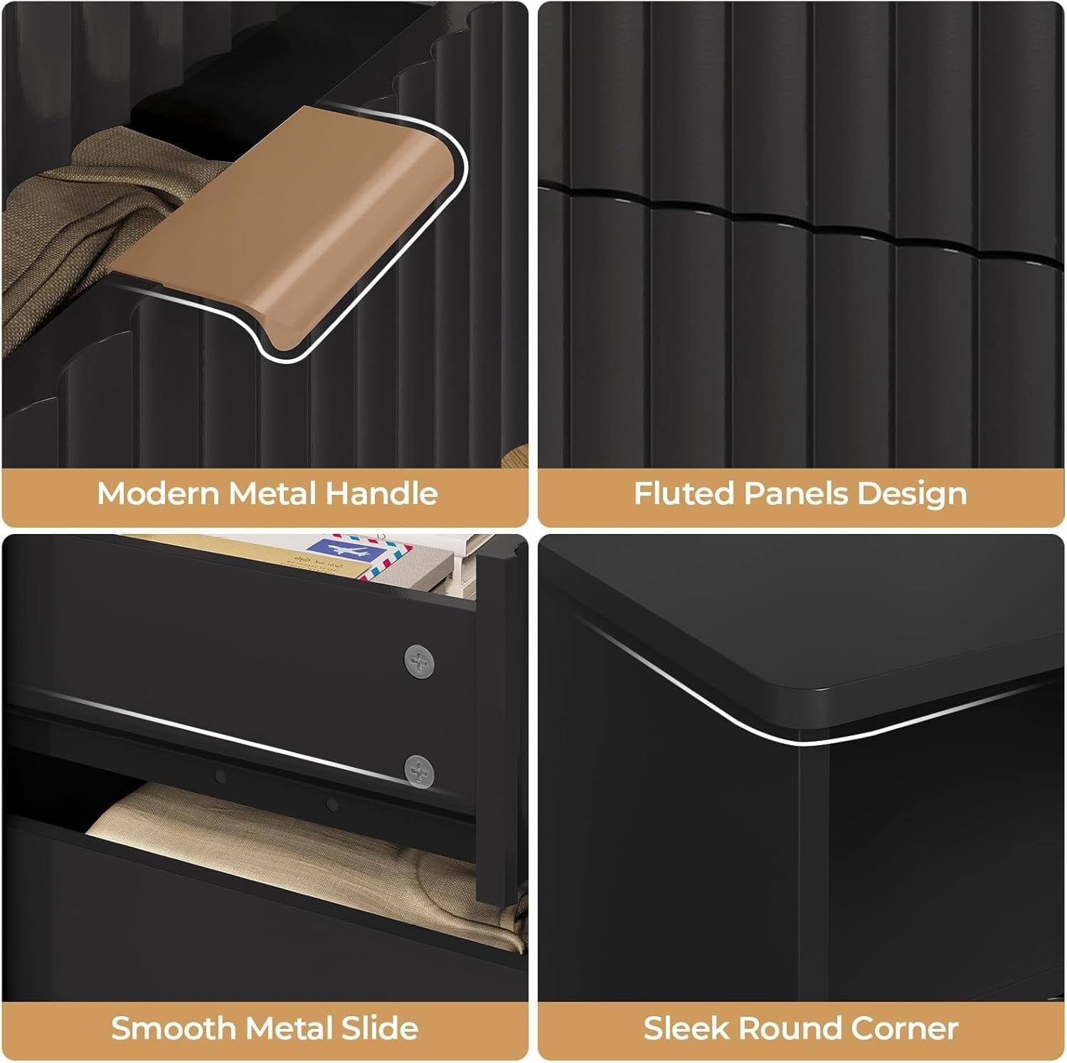 AOGLLATI Nightstands Black / Engineered Wood / Modern AOGLLATI Fluted Nightstand with Charging Station and LED Lights, Black