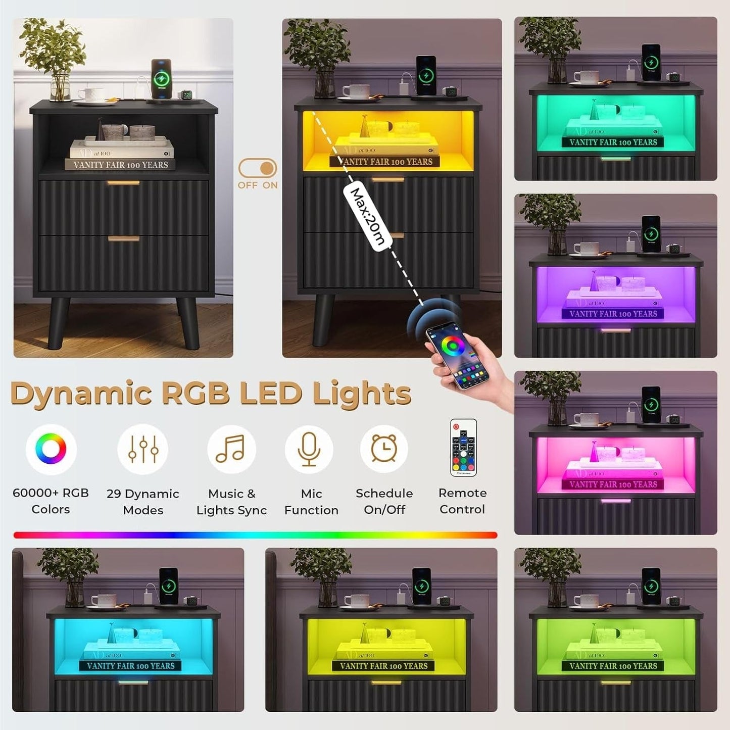 AOGLLATI Nightstands Black / Engineered Wood / Modern AOGLLATI Fluted Nightstand with Charging Station and LED Lights, Black