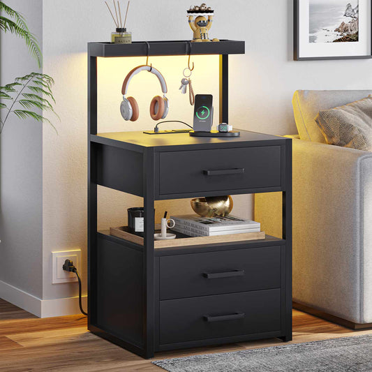 AOGLLATI Nightstands Black / Engineered Wood / Modern AOGLLATI Nightstand with Charging Station and LED Lights 3 Drawers Black