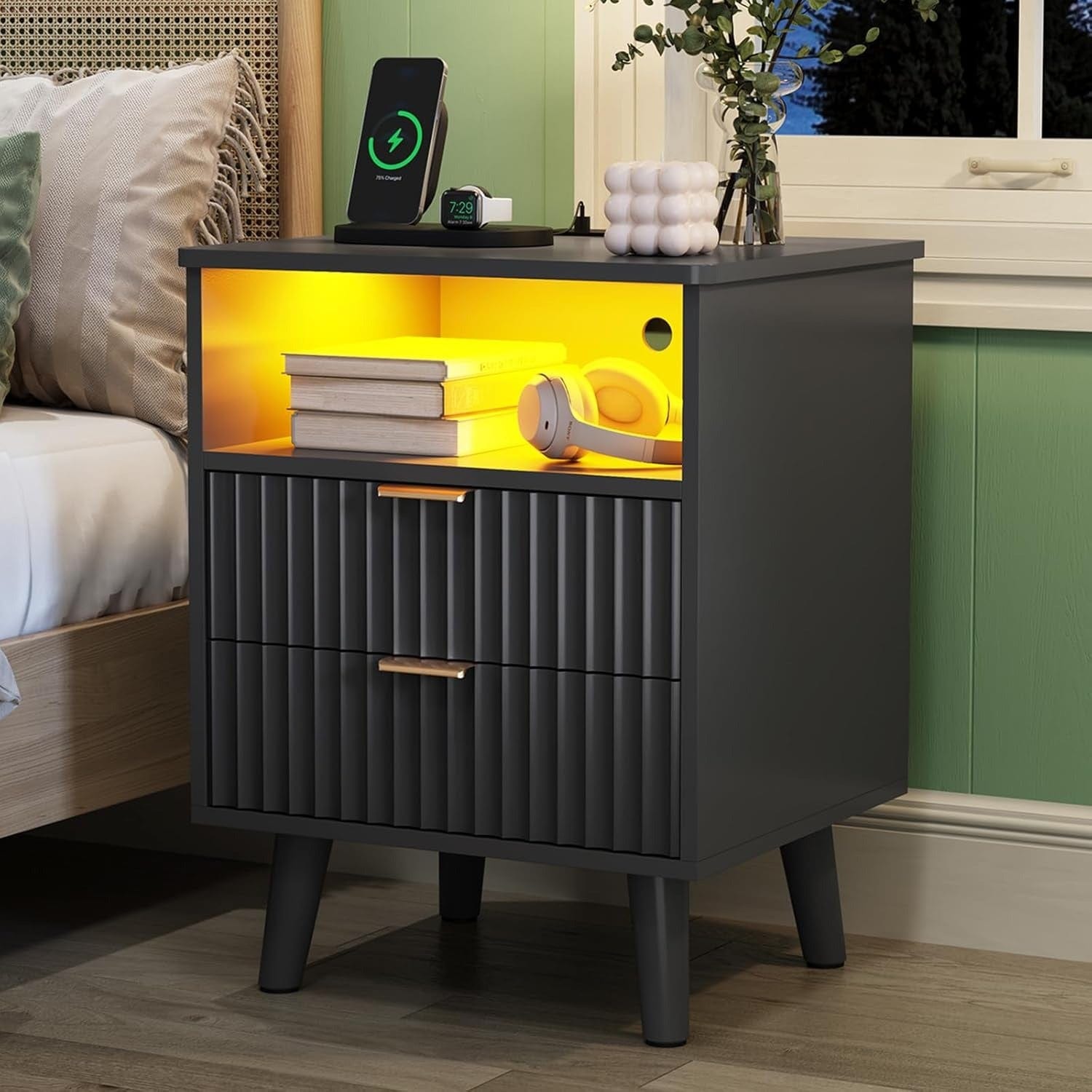 AOGLLATI Nightstands Black / Engineered Wood / Modern Fluted Black Nightstand with Lights
