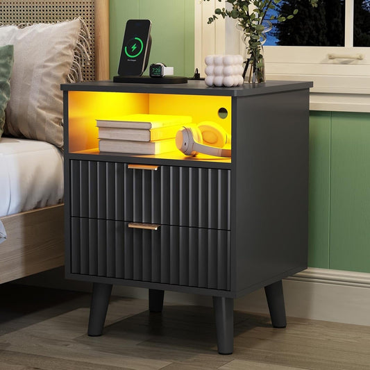 AOGLLATI Nightstands Black / Engineered Wood / Modern Fluted Black Nightstand with Lights