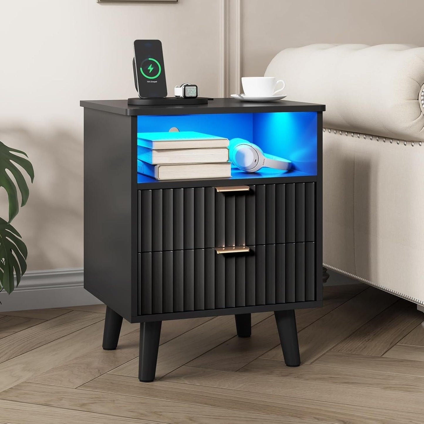 AOGLLATI Nightstands Black / Engineered Wood / Modern Fluted Black Nightstand with Lights