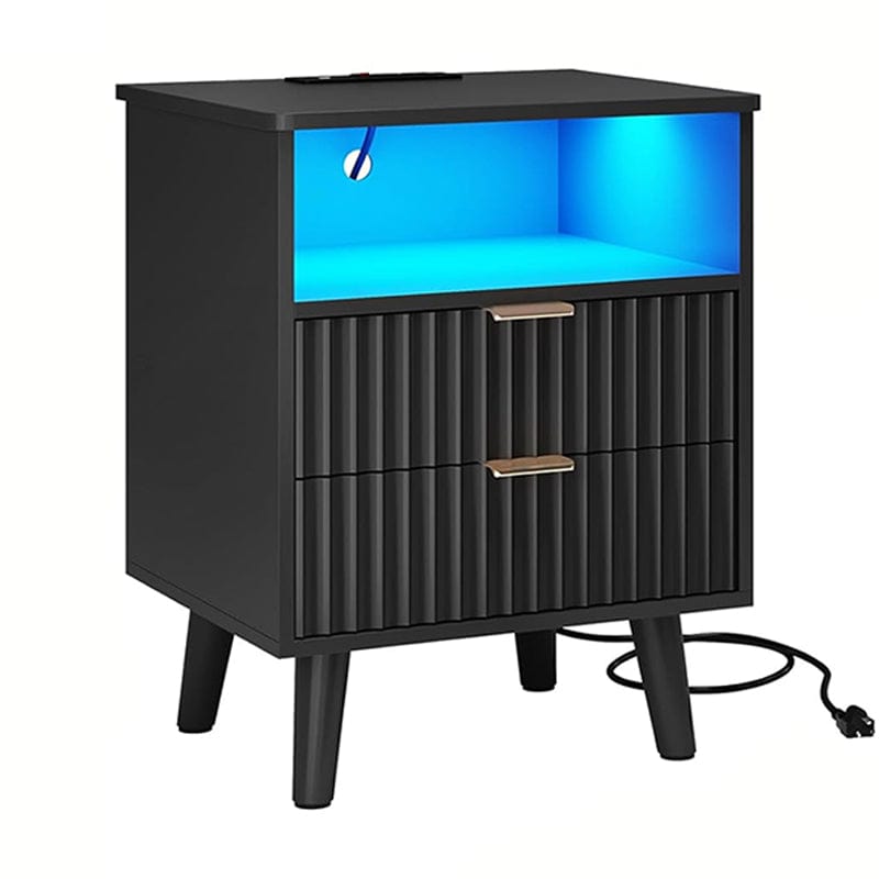 AOGLLATI Nightstands Black / Engineered Wood / Modern Fluted Black Nightstand with Lights
