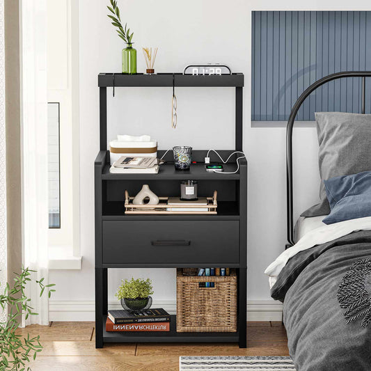 AOGLLATI Nightstands Black / Metal / Modern AOGLLATI Nightstand with Charging Station Black