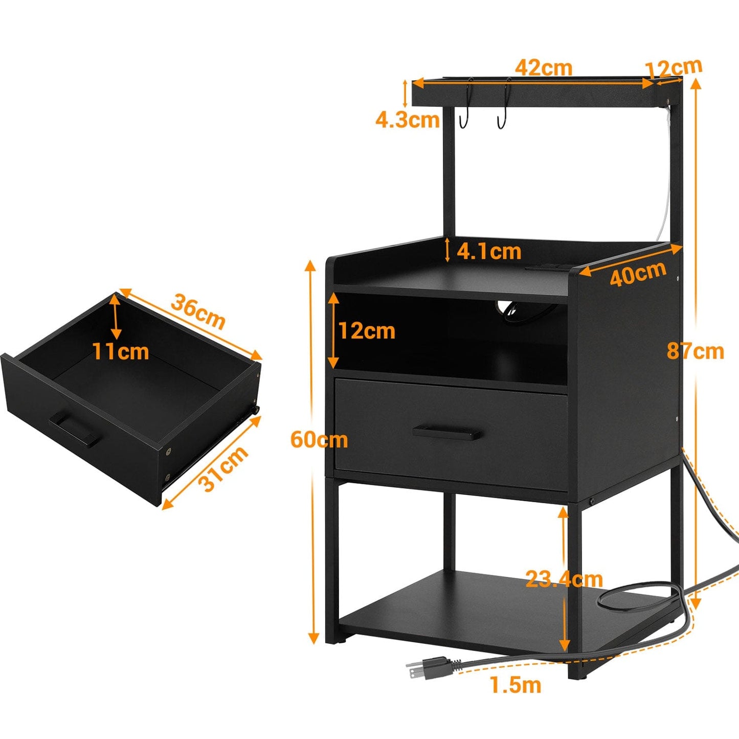 AOGLLATI Nightstands Black / Metal / Modern AOGLLATI Nightstand with Charging Station Black