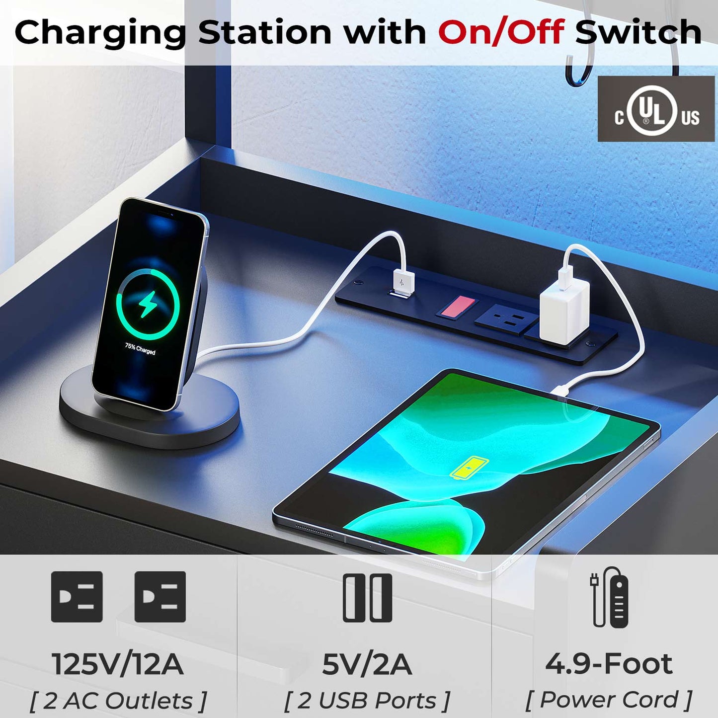 AOGLLATI Nightstands Black / Metal / Modern AOGLLATI Nightstand with LED Lights and Charging Station Black