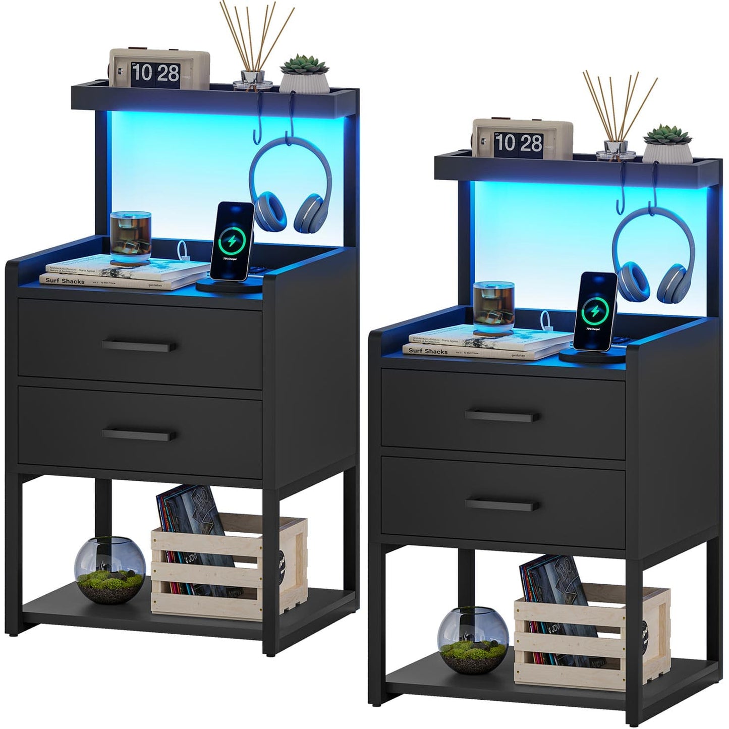 AOGLLATI Nightstands Black / Metal / Modern AOGLLATI Nightstand with LED Lights and Charging Station Black