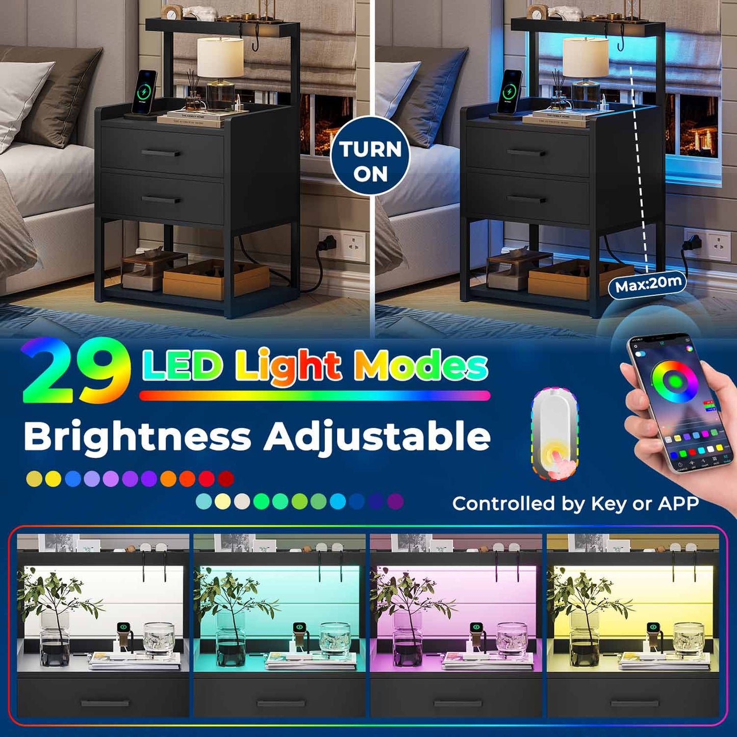 AOGLLATI Nightstands Black / Metal / Modern AOGLLATI Nightstand with LED Lights and Charging Station Black