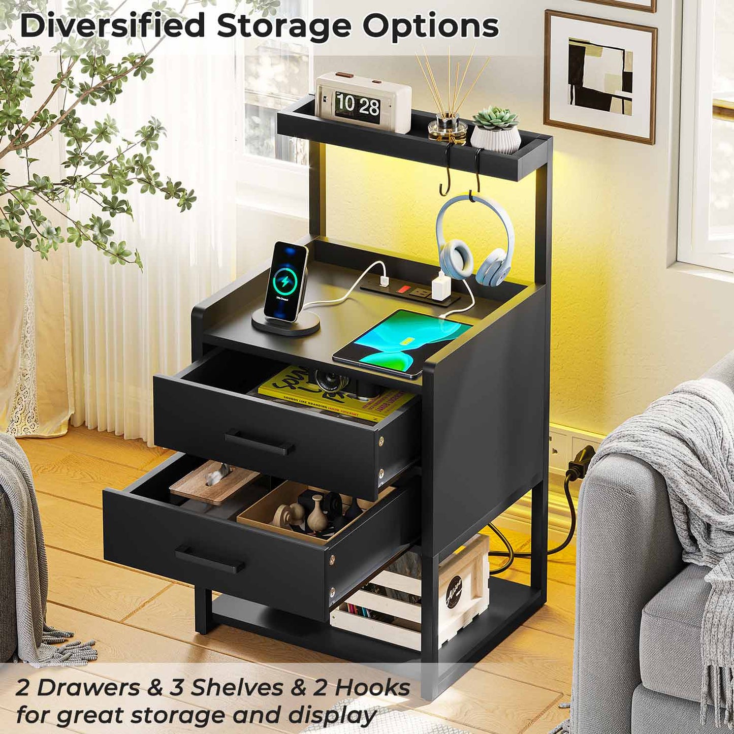 AOGLLATI Nightstands Black / Metal / Modern AOGLLATI Nightstand with LED Lights and Charging Station Black