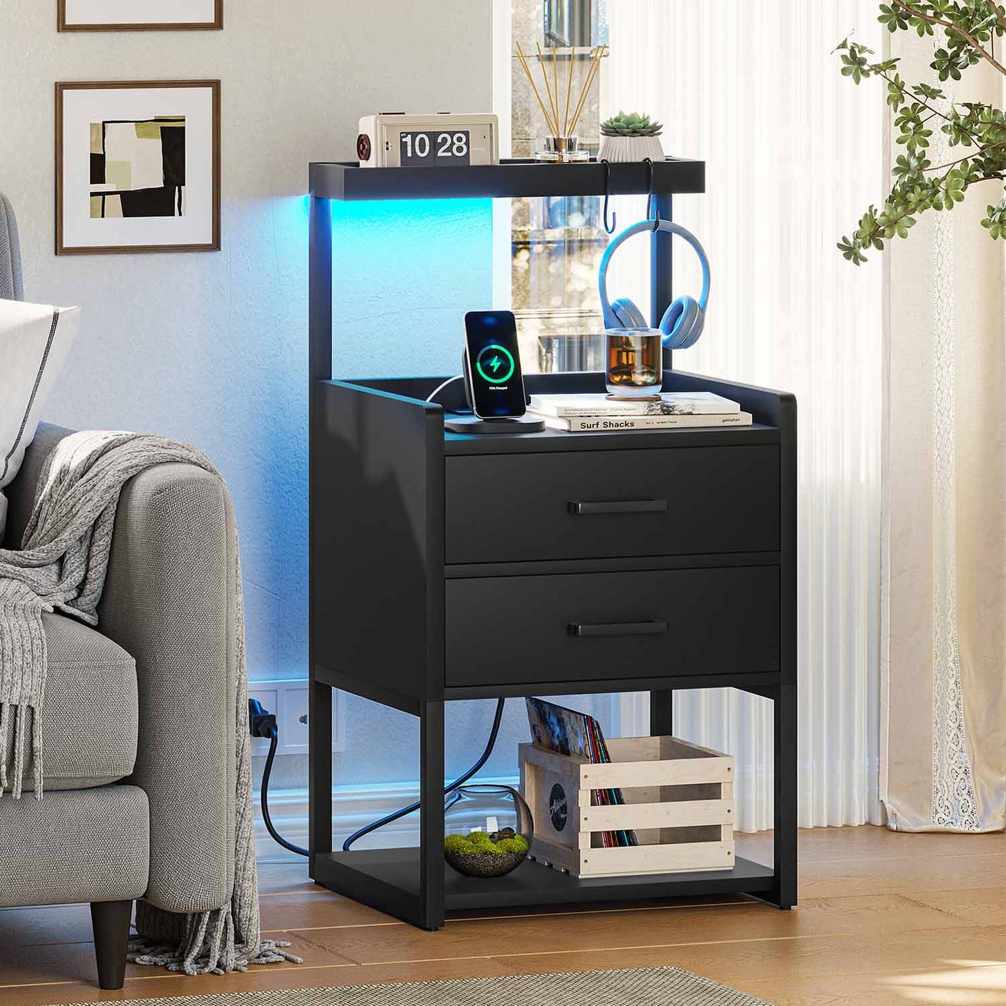 AOGLLATI Nightstands Black / Metal / Modern AOGLLATI Nightstand with LED Lights and Charging Station Black