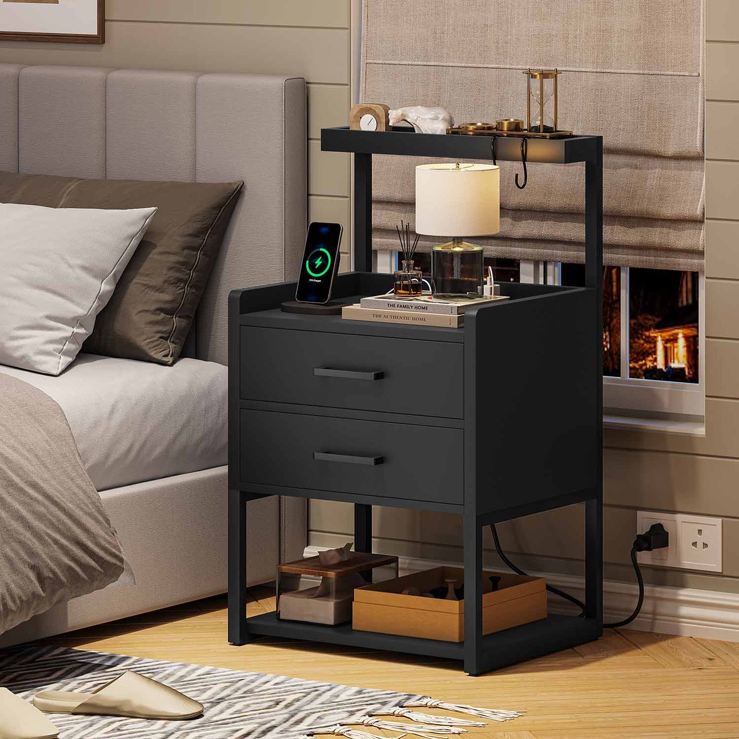 AOGLLATI Nightstands Black / Metal / Modern AOGLLATI Nightstand with LED Lights and Charging Station Black