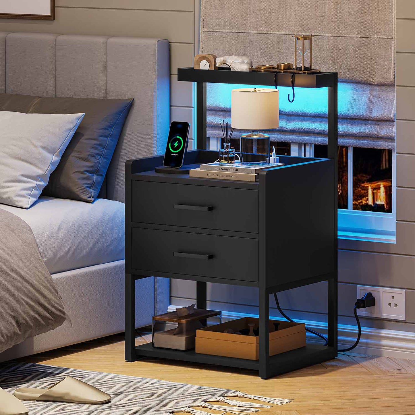 AOGLLATI Nightstands Black / Metal / Modern AOGLLATI Nightstand with LED Lights and Charging Station Black