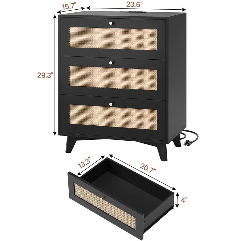 AOGLLATI Nightstands Black / Rattan / Bohemian AOGLLATI Black Rattan Nightstand with Charging Station with 3 Drawers