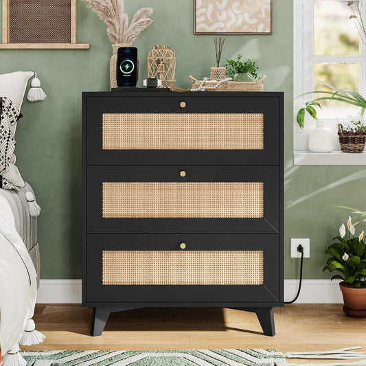 AOGLLATI Nightstands Black / Rattan / Bohemian AOGLLATI Black Rattan Nightstand with Charging Station with 3 Drawers