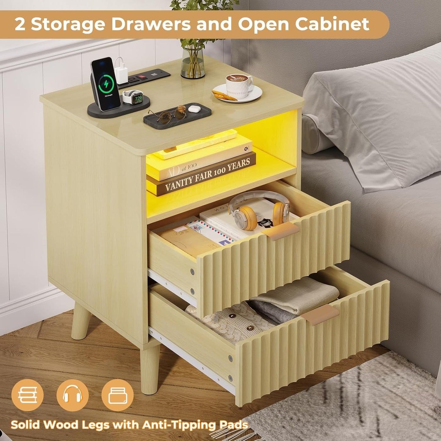AOGLLATI Nightstands Natural Oak / Engineered Wood / Modern AOGLLATI Fluted Nightstand with Charging Station and LED Lights, Natural Oak
