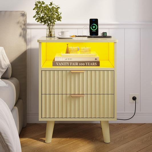AOGLLATI Nightstands Natural Oak / Engineered Wood / Modern AOGLLATI Fluted Nightstand with Charging Station and LED Lights, Natural Oak