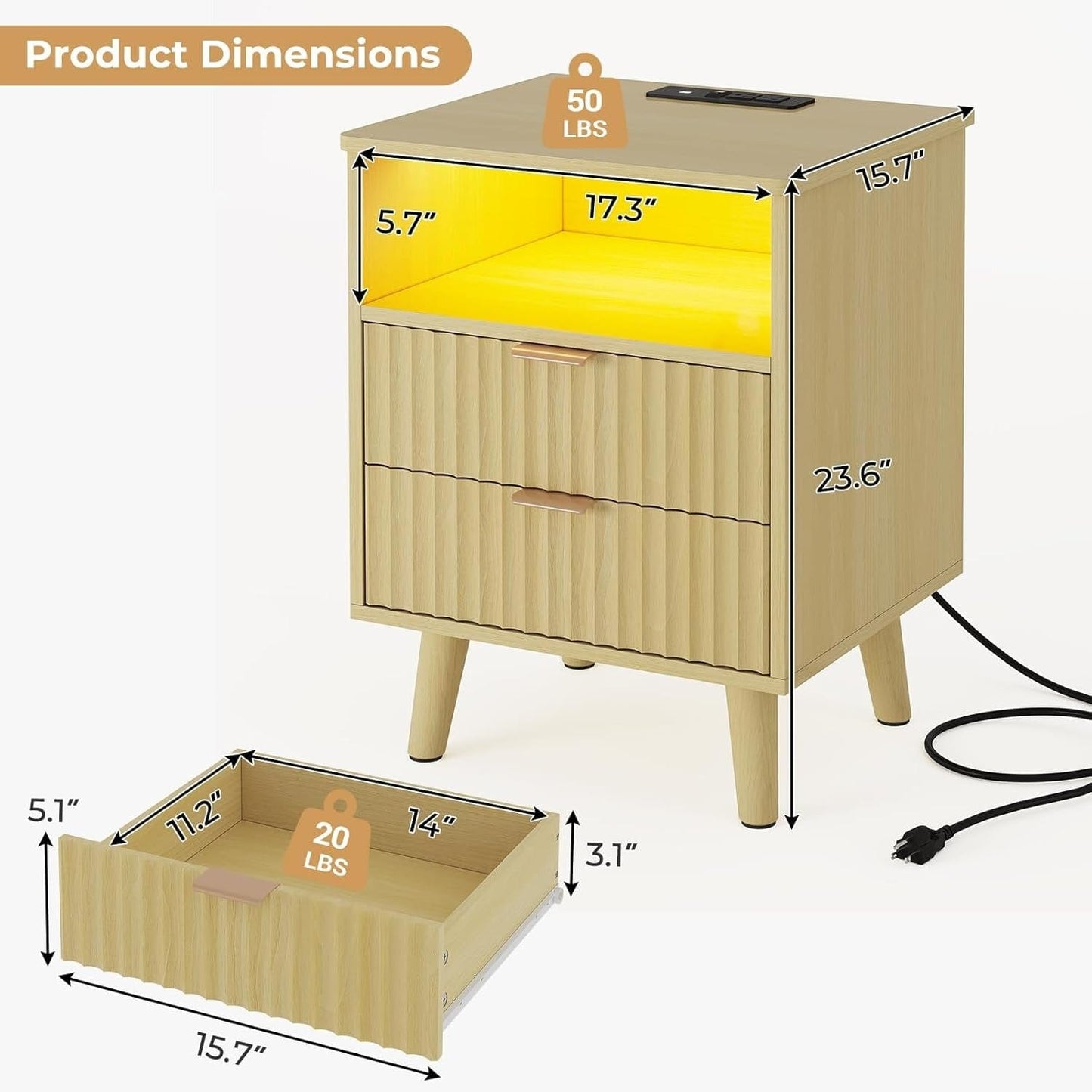 AOGLLATI Nightstands Natural Oak / Engineered Wood / Modern AOGLLATI Fluted Nightstand with Charging Station and LED Lights, Natural Oak