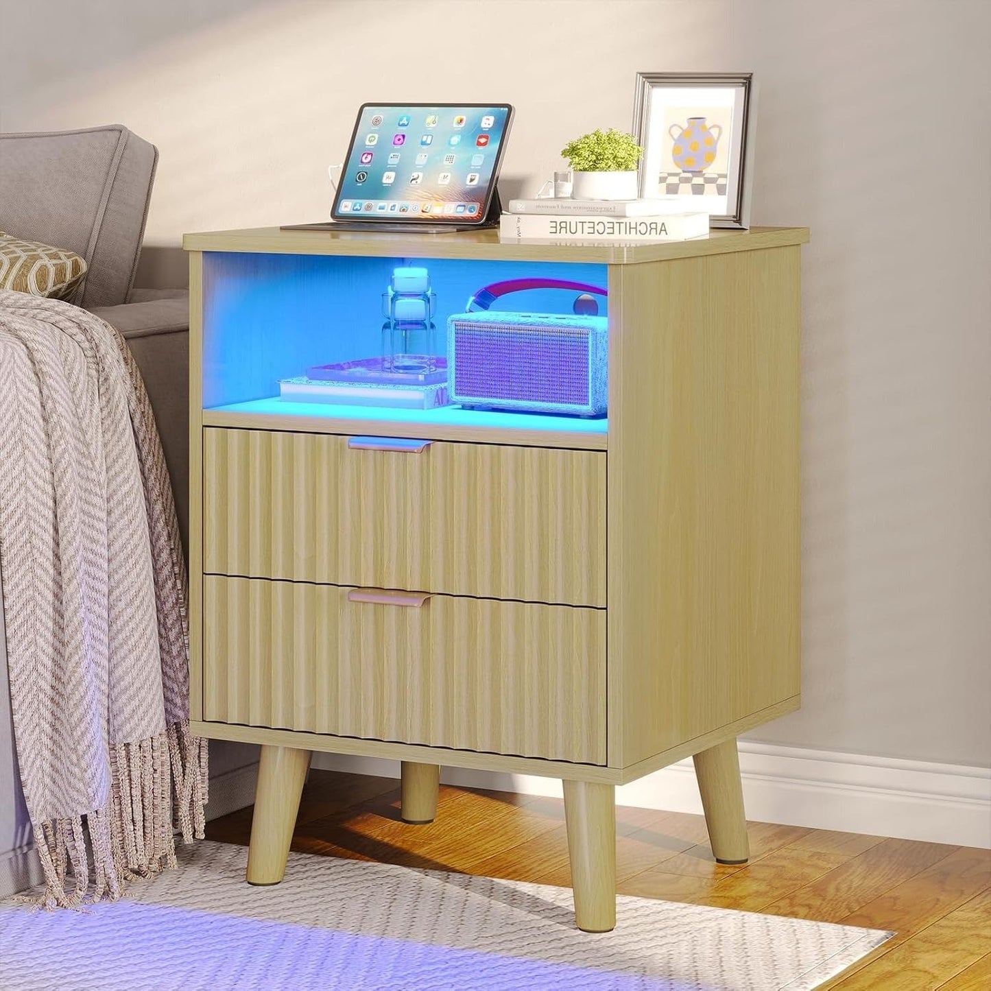 AOGLLATI Nightstands Natural Oak / Engineered Wood / Modern AOGLLATI Fluted Nightstand with Charging Station and LED Lights, Natural Oak