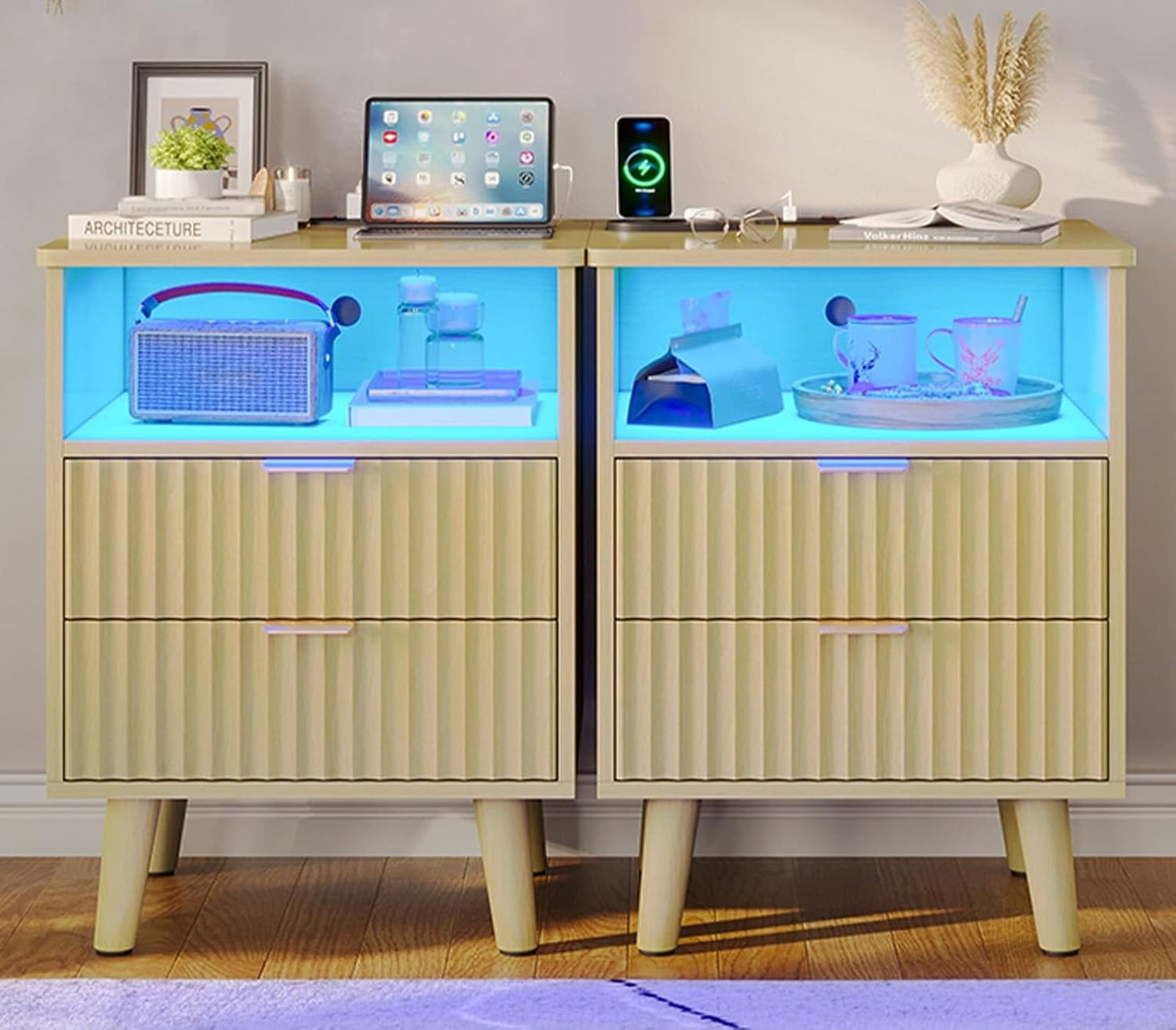 AOGLLATI Nightstands Natural Oak / Engineered Wood / Modern AOGLLATI Fluted Nightstand with Charging Station and LED Lights, Natural Oak
