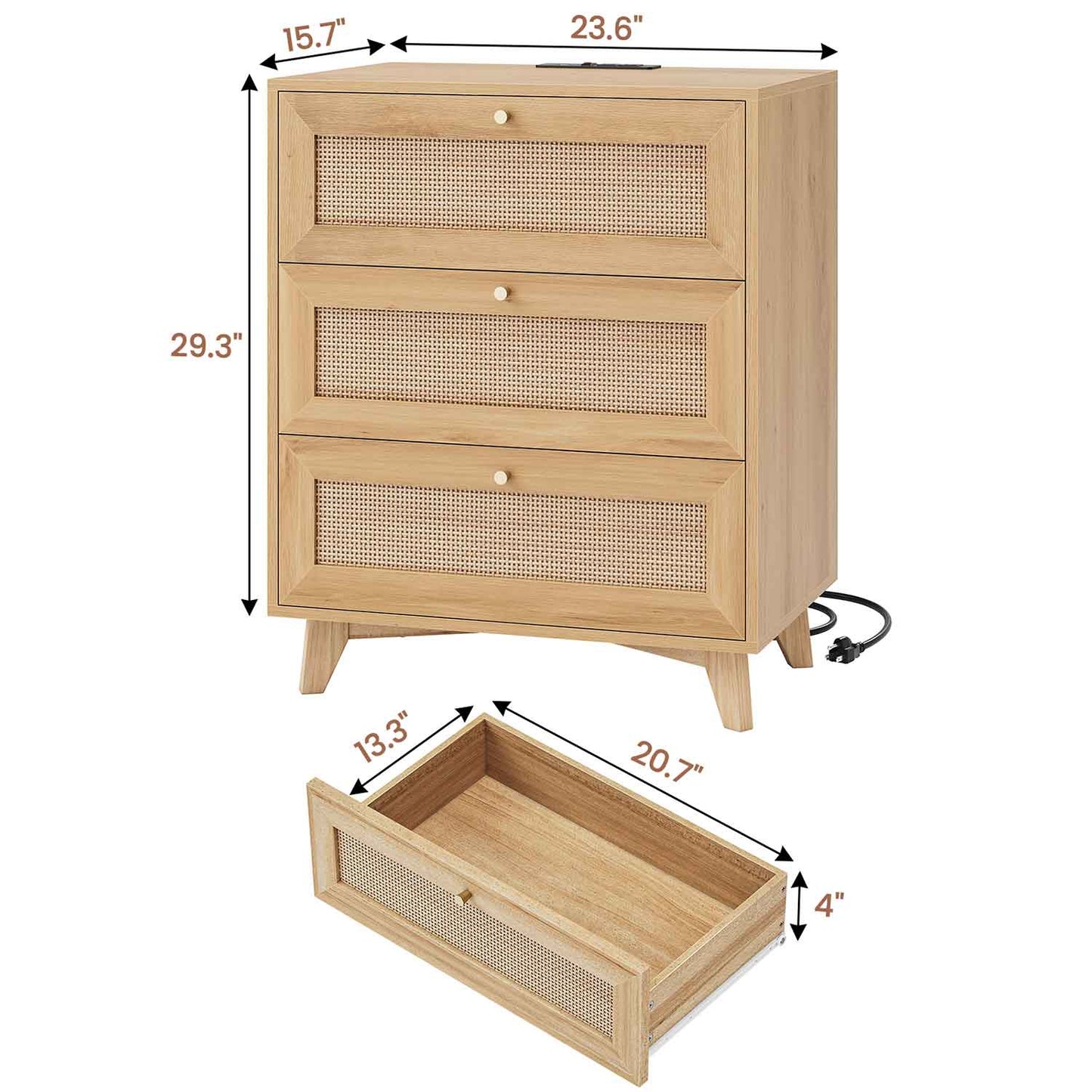 AOGLLATI Nightstands Natural / Rattan / Bohemian AOGLLATI Rattan Nightstand 3 Drawers & Charging Station