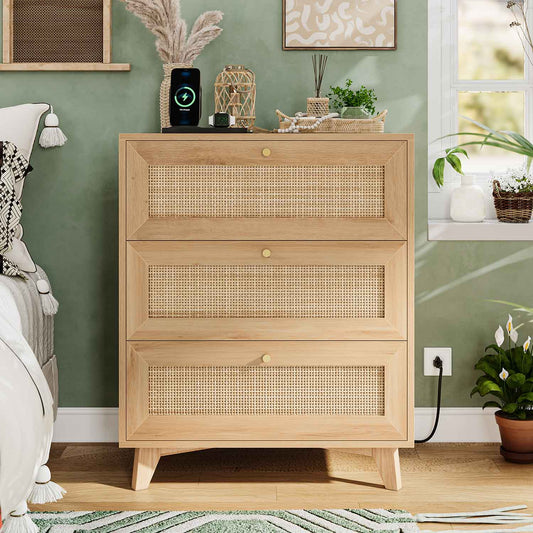 AOGLLATI Nightstands Natural / Rattan / Bohemian AOGLLATI Rattan Nightstand 3 Drawers & Charging Station