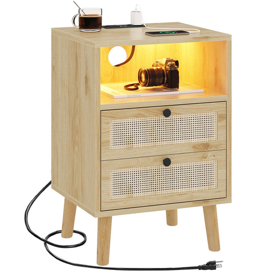 AOGLLATI Nightstands Natural / Rattan / Bohemian AOGLLATI Rattan Nightstand with Charging Station and LED Lights Natural