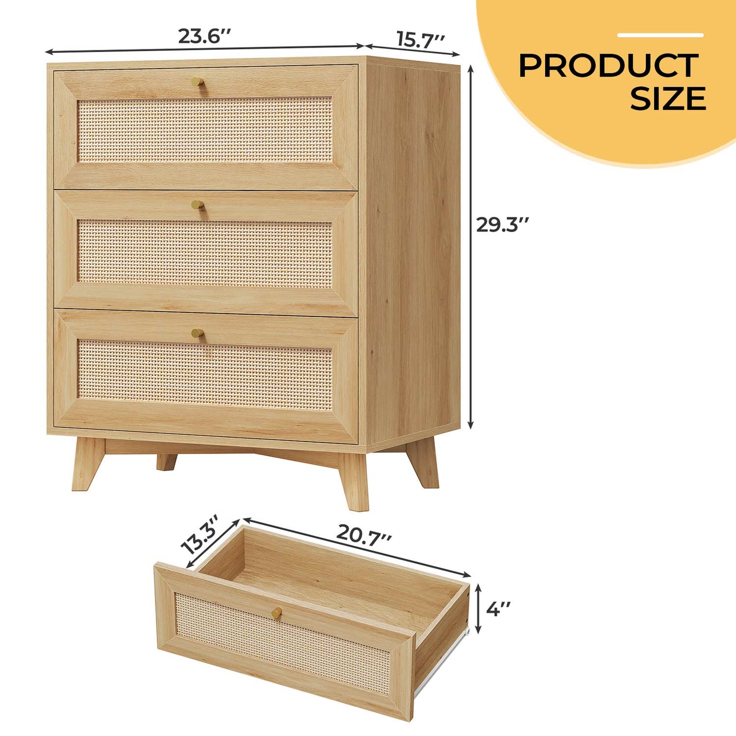 AOGLLATI Nightstands Natural Rattan Nightstand with Charging Station & 3 Drawers Natural