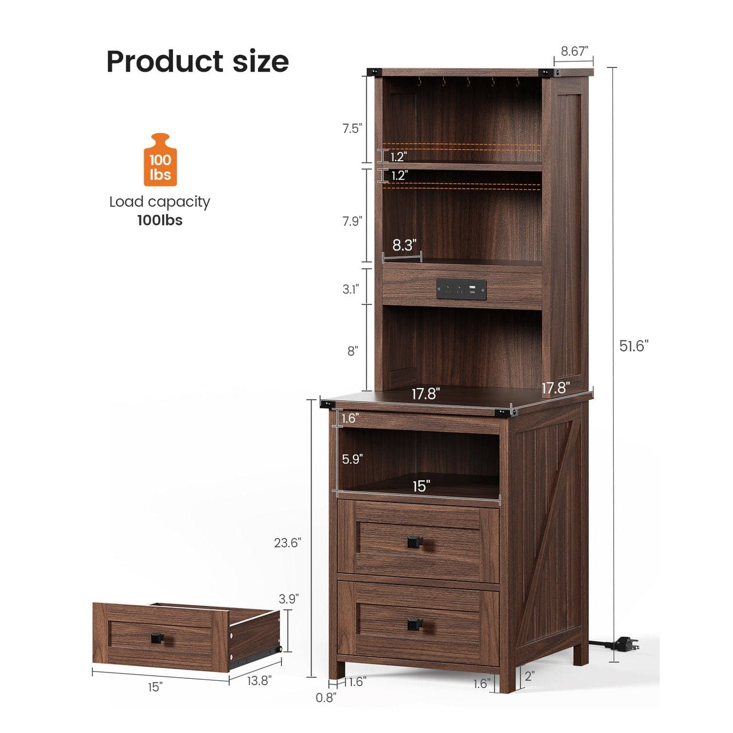 AOGLLATI Nightstands Oak Brown / Engineered Wood / Farmhouse Tall Nightstand with Charging Station Oak Brown