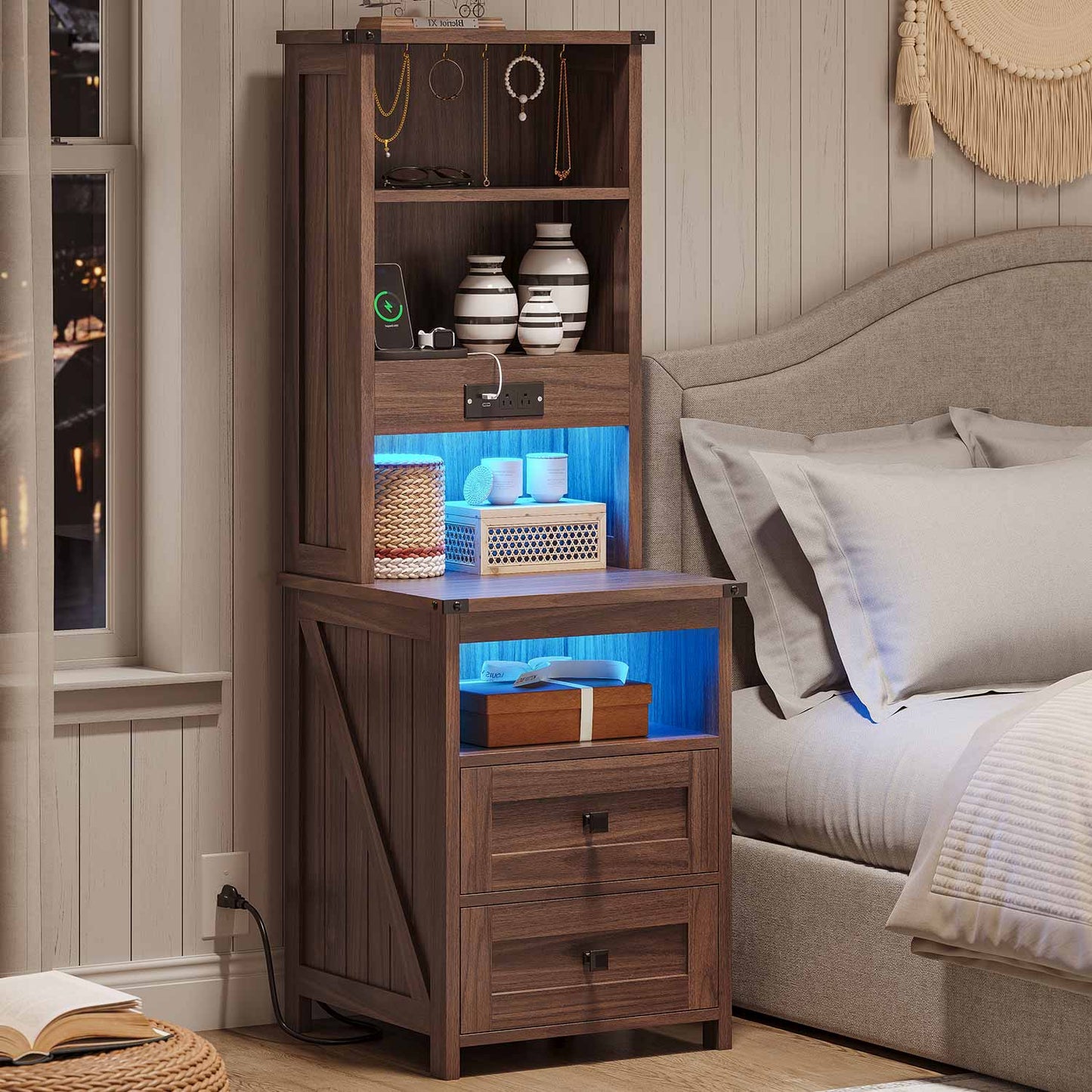AOGLLATI Nightstands Oak Brown / Engineered Wood / Farmhouse Tall Nightstand with Charging Station Oak Brown