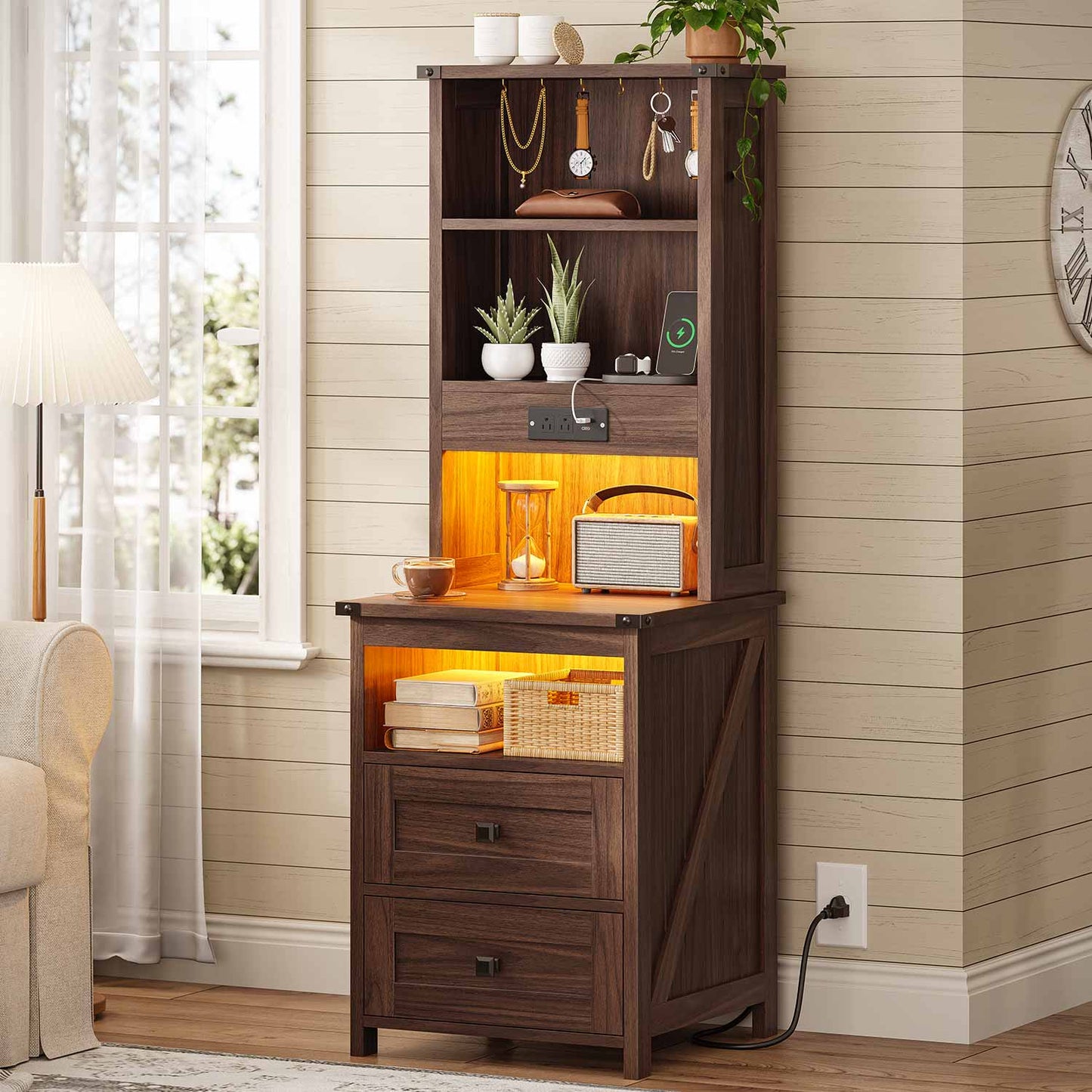 AOGLLATI Nightstands Oak Brown / Engineered Wood / Farmhouse Tall Nightstand with Charging Station Oak Brown