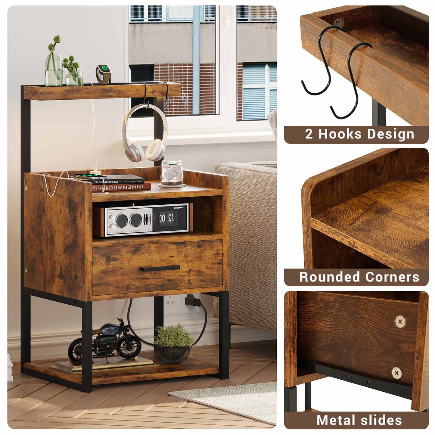 AOGLLATI Nightstands Rustic Brown / Metal / Modern AOGLLATI Nightstand with Charging Station Rustic Brown