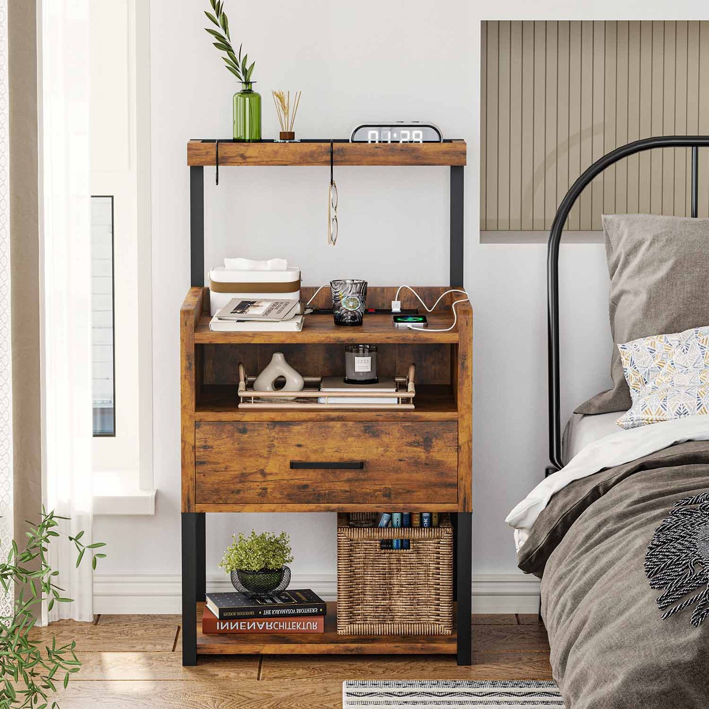 AOGLLATI Nightstands Rustic Brown / Metal / Modern AOGLLATI Nightstand with Charging Station Rustic Brown