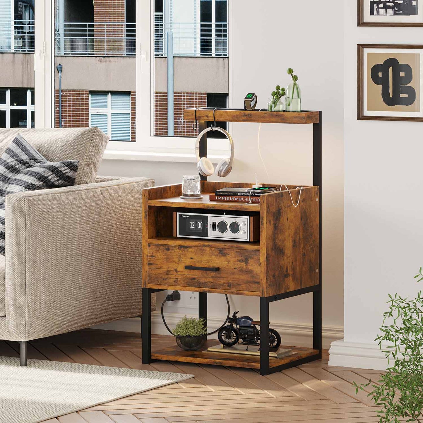 AOGLLATI Nightstands Rustic Brown / Metal / Modern AOGLLATI Nightstand with Charging Station Rustic Brown