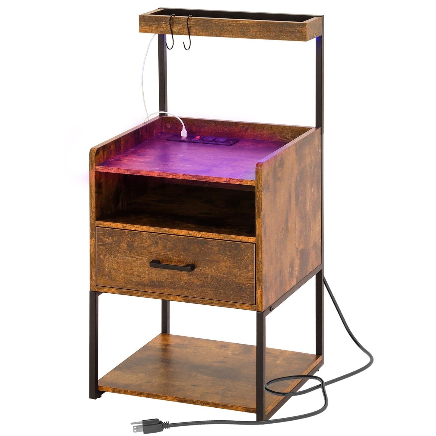 AOGLLATI Nightstands Rustic Brown / Metal / Modern AOGLLATI Nightstand with Charging Station Rustic Brown