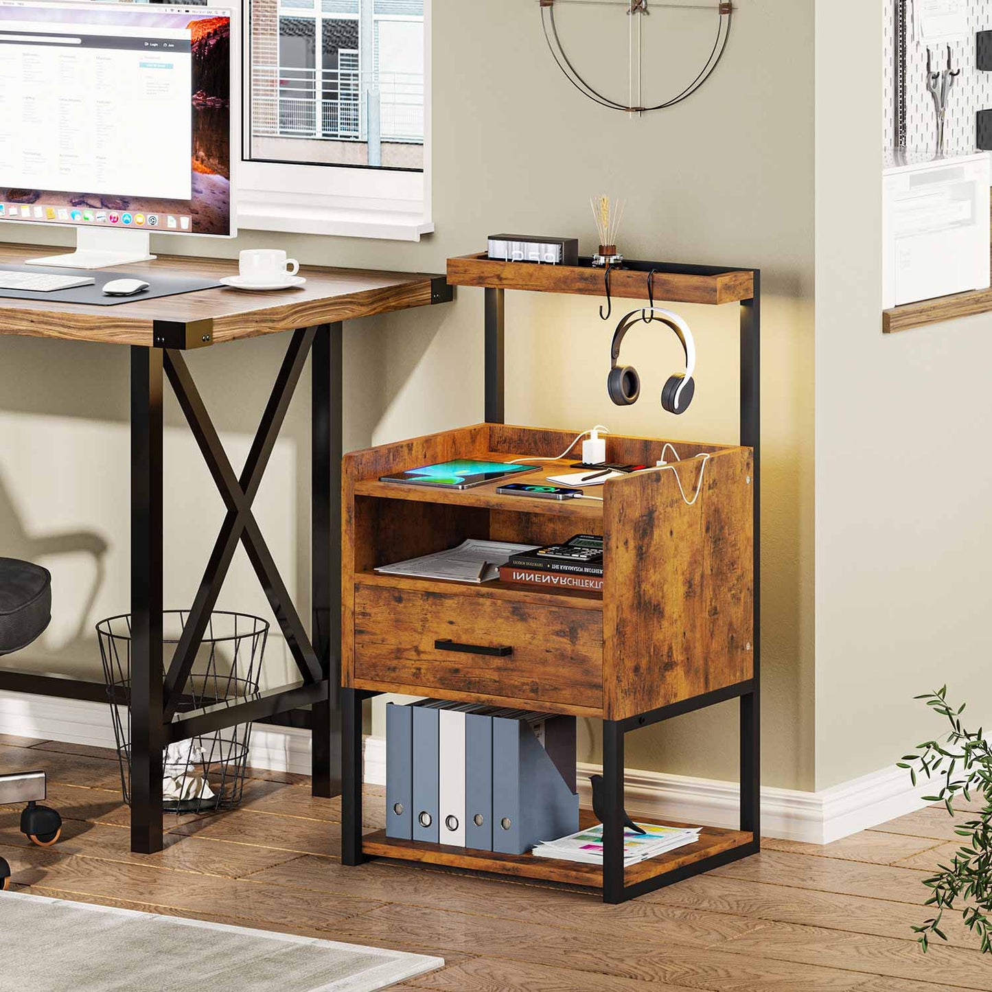 AOGLLATI Nightstands Rustic Brown / Metal / Modern AOGLLATI Nightstand with Charging Station Rustic Brown