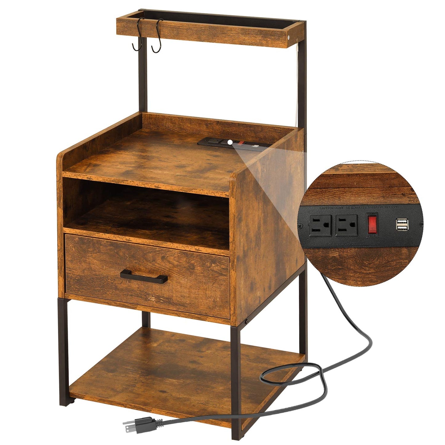 AOGLLATI Nightstands Rustic Brown / Metal / Modern AOGLLATI Nightstand with Charging Station Rustic Brown