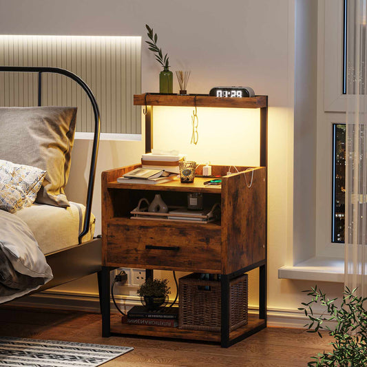 AOGLLATI Nightstands Rustic Brown / Metal / Modern AOGLLATI Nightstand with Charging Station Rustic Brown