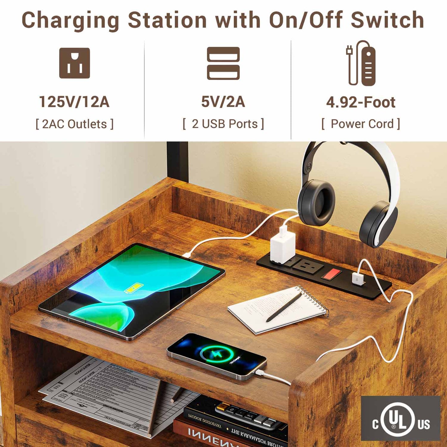 AOGLLATI Nightstands Rustic Brown / Metal / Modern AOGLLATI Nightstand with Charging Station Rustic Brown