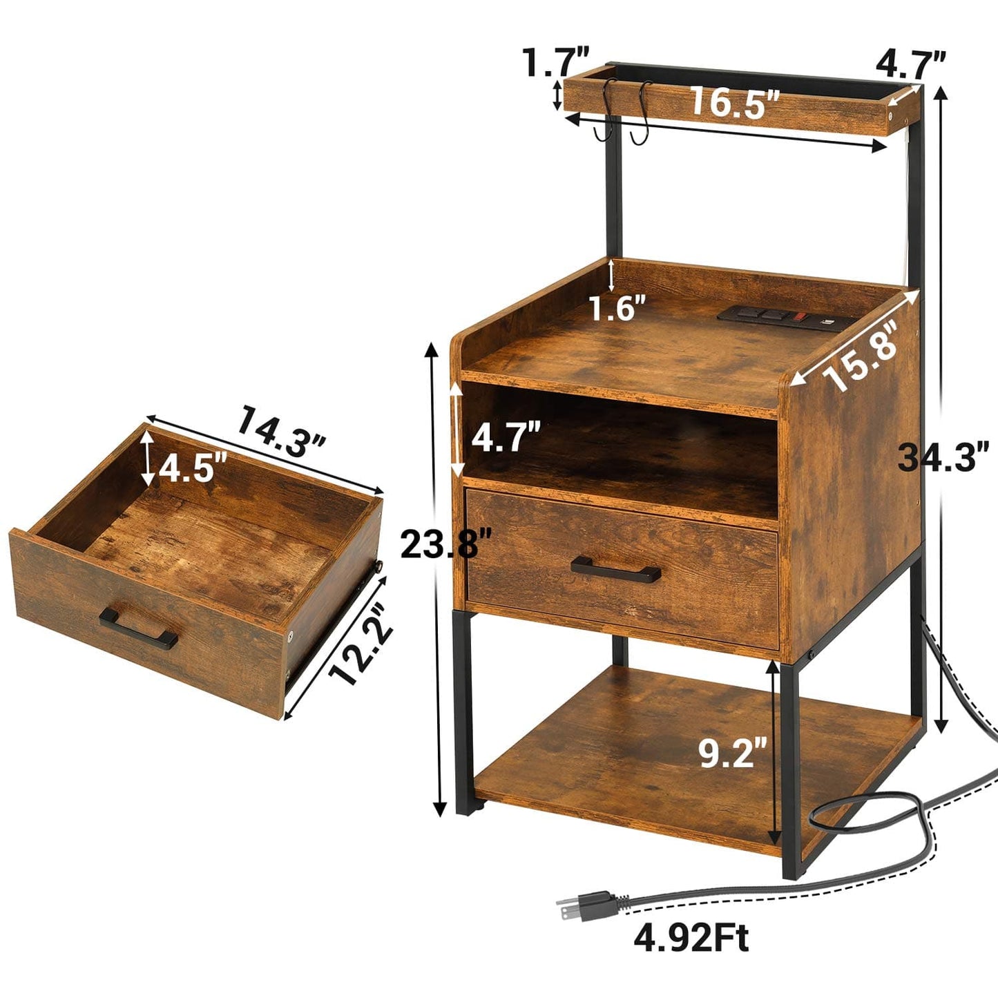 AOGLLATI Nightstands Rustic Brown / Metal / Modern AOGLLATI Nightstand with Charging Station Rustic Brown